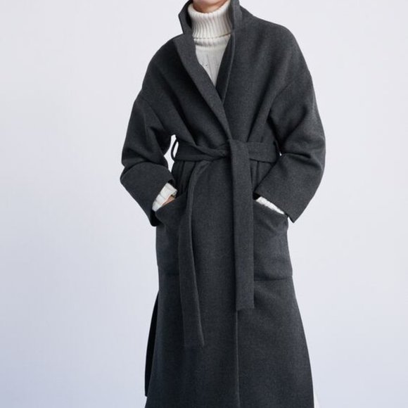 NEW Zara Wool Zara Manteco Long Belted Double Breasted Wrap Coat Size Large